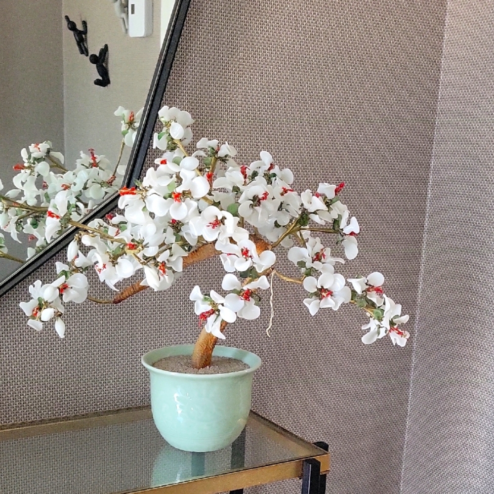 Elegant White Flower Decor in Mint Green Pot Ceramic/glass